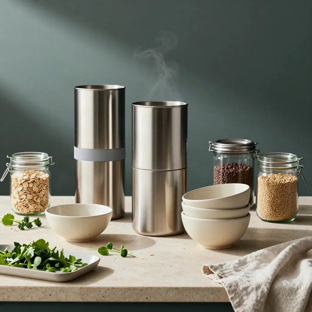 Stacked stainless meal-prep containers, grain jars, and herbs on a stone counter.