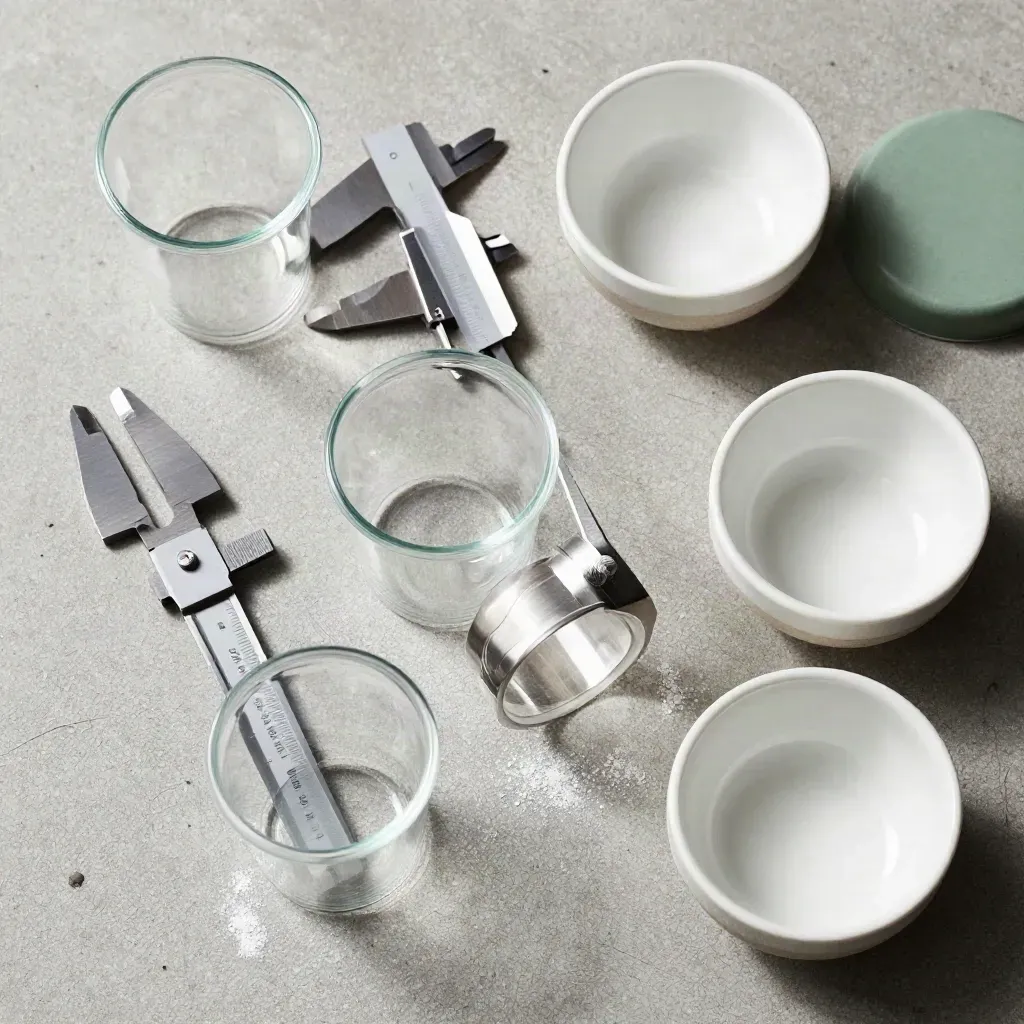 Diet clinic tools on concrete: calipers, specimen cups and porcelain portion bowls.