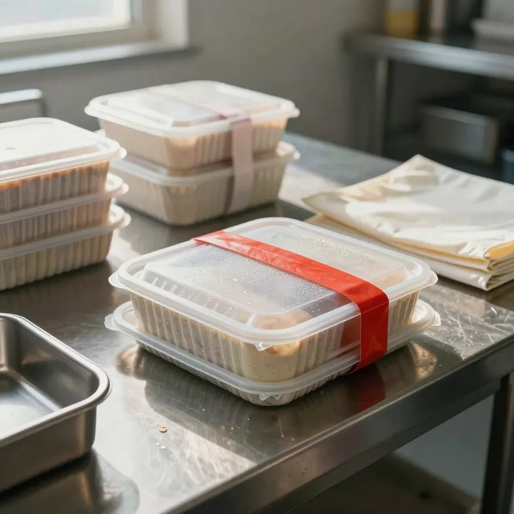 Ready-meal tray lids, gel pack and steel insert on a brushed-metal bench in cool daylight.