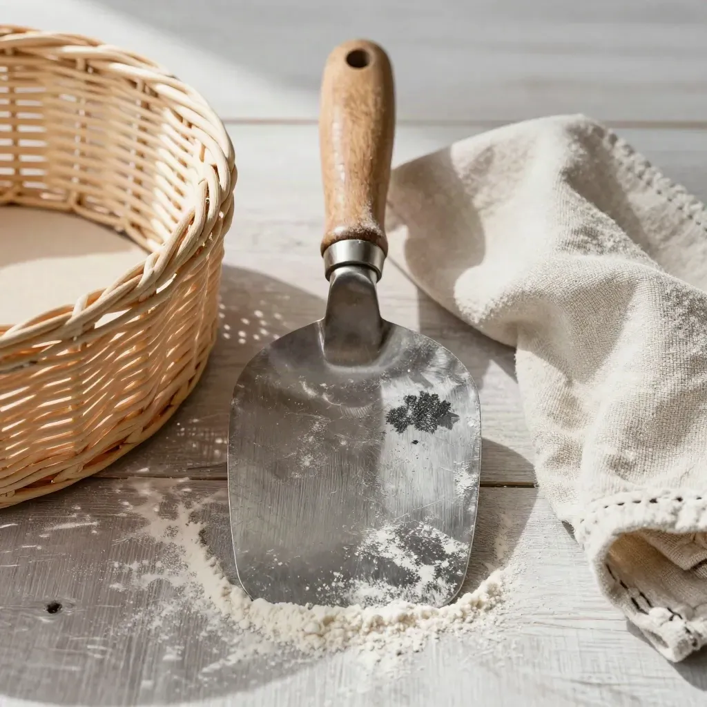 Flour-dusted dough scraper, proofing basket rim and linen towel on pale wood, top-down close crop.