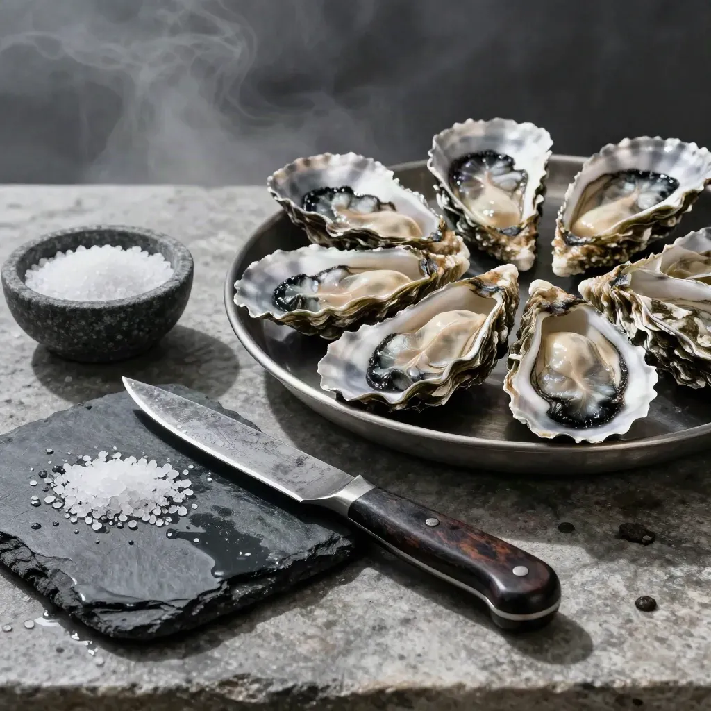 Oyster knife, shell tray, salt bowl and wet basalt slab in dramatic seafood still life.