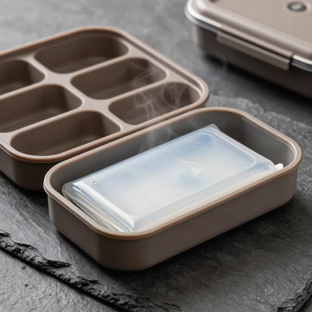 Bento inserts, silicone gasket, and gel pack on dark stone under dramatic light