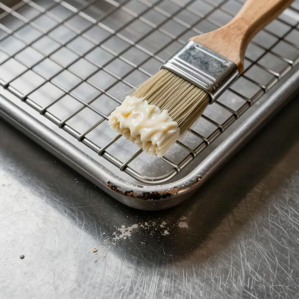 Flour-dusted rack corner, pastry brush, and enamel tray in an overhead macro.