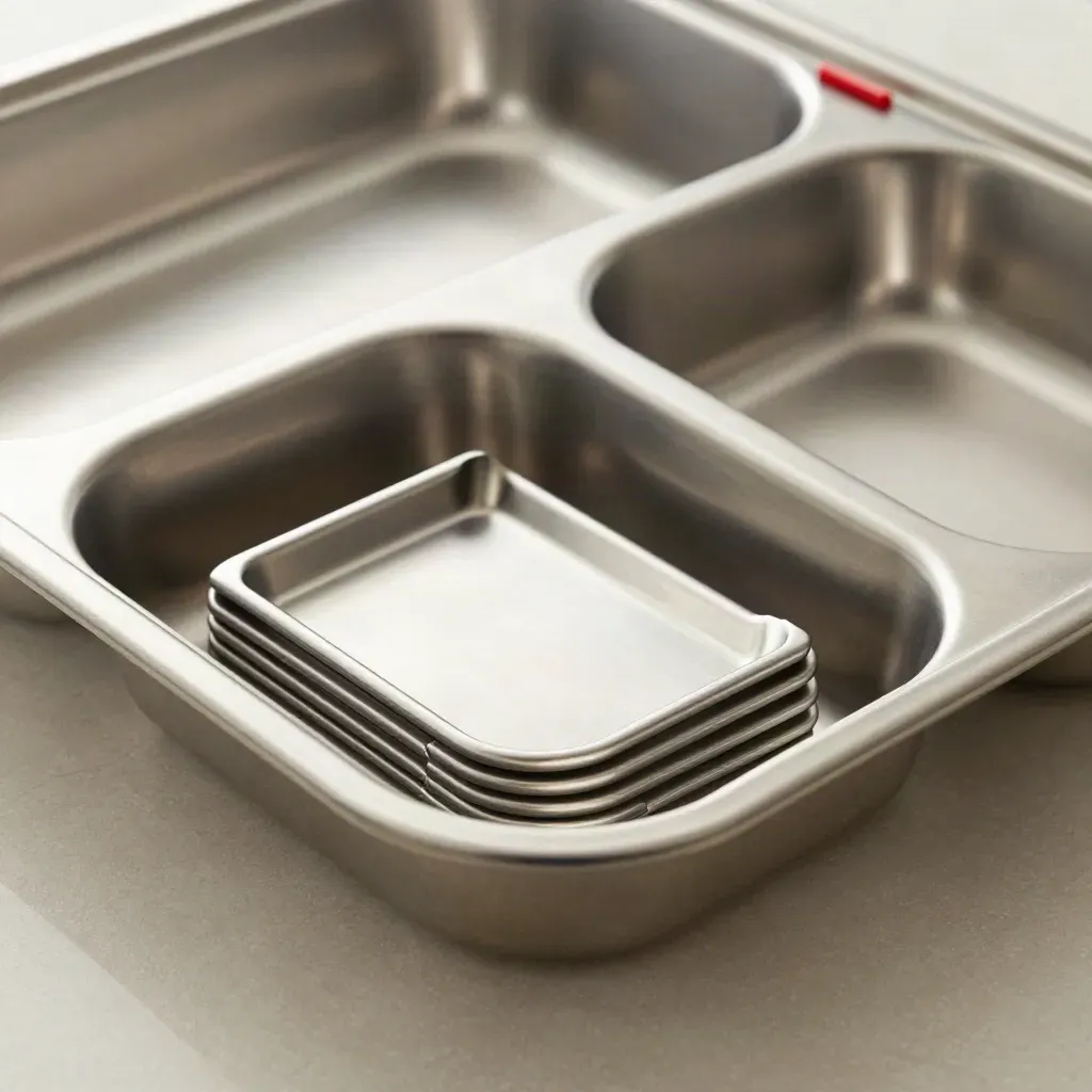 Top-down macro of a stainless meal tray with dividers and tomato-red tabs on graphite stone.