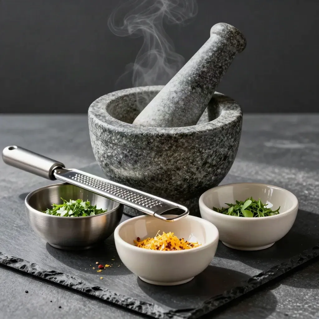 Stone mortar, prep bowls and microplane with herbs and zest on dark slate, lit dramatically.