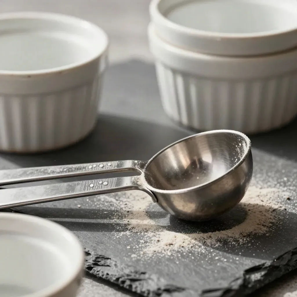 Macro of a portion scoop, measuring spoons, and ramekin stack on graphite slate.