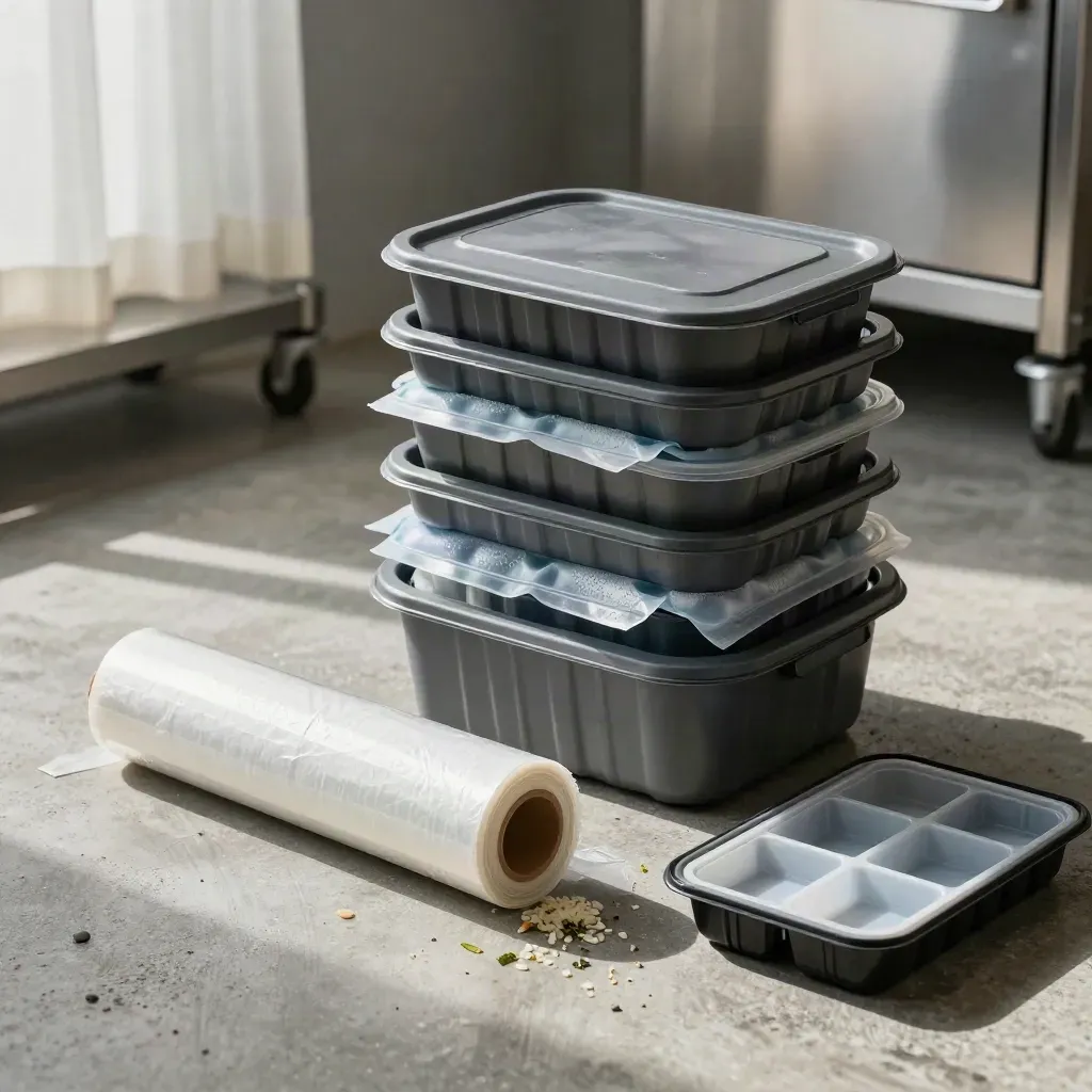 Stacked meal trays, gel packs and heat-seal film in a cold dispatch bay