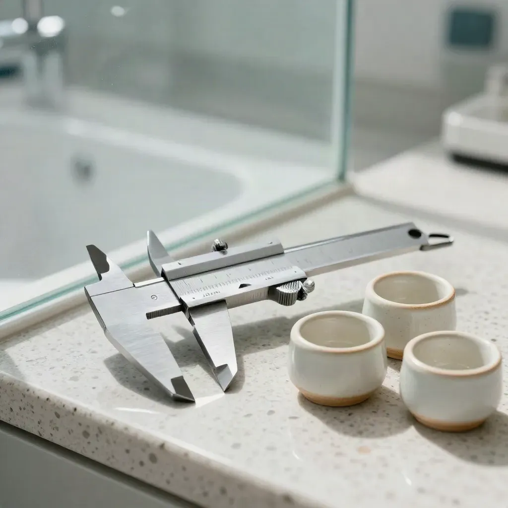 Macro still life of dietitian tools: calipers, portion scoop and ceramic sample cups