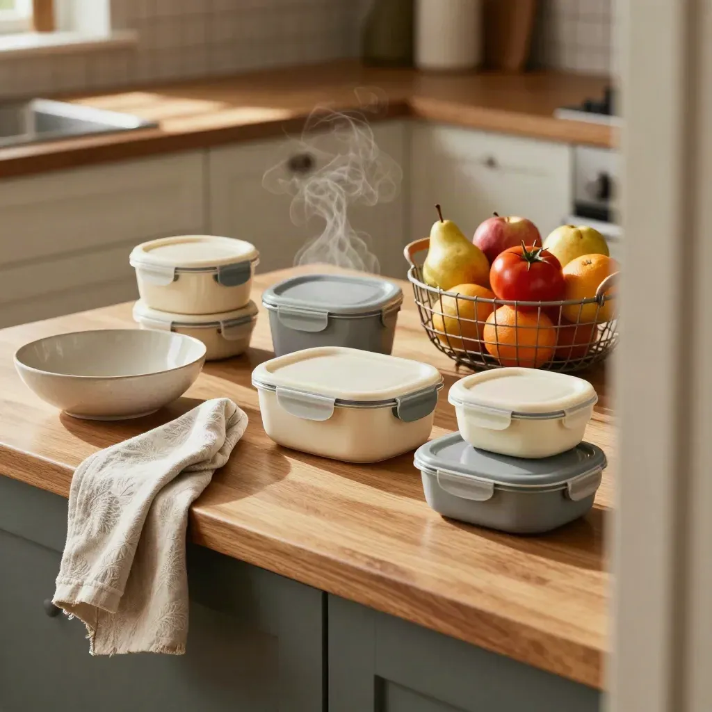 Lunch containers, fruit bowl, and shopping basket on a kitchen island, seen through a blurred doorway.