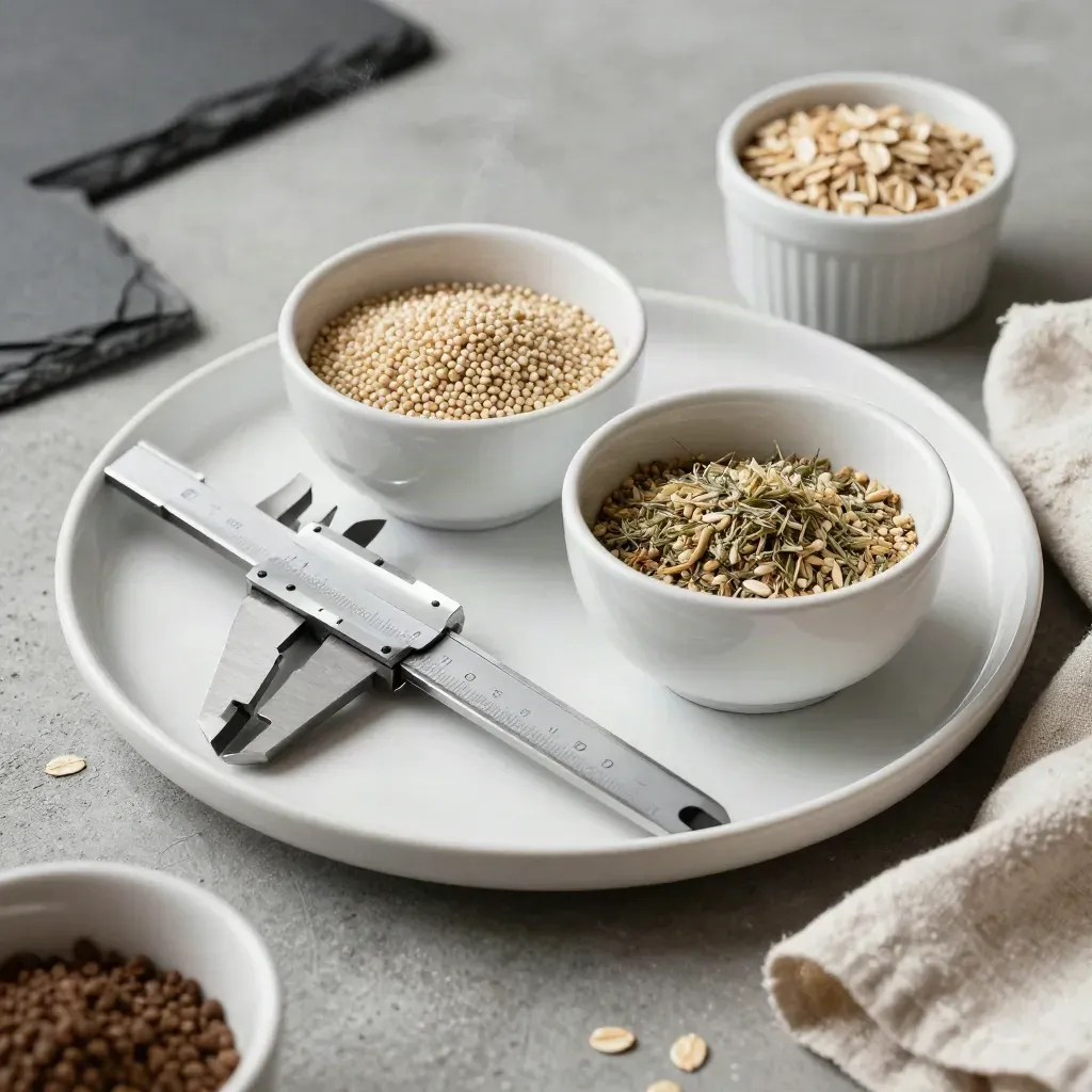 Dietitian tools on brushed concrete: portion bowls, calipers, ceramic plate, soft daylight.