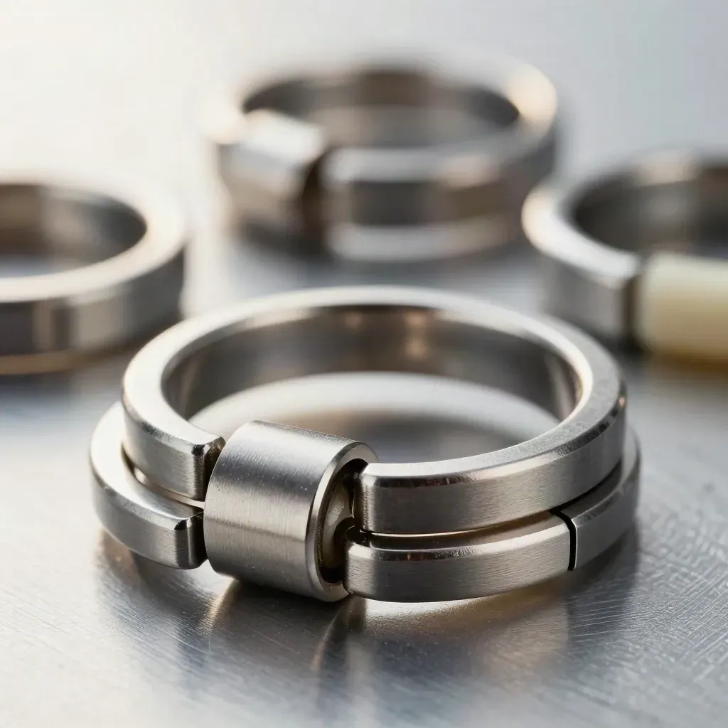 Macro of linked steel rings and couplers on graphite with a cream clasp, lit from above.