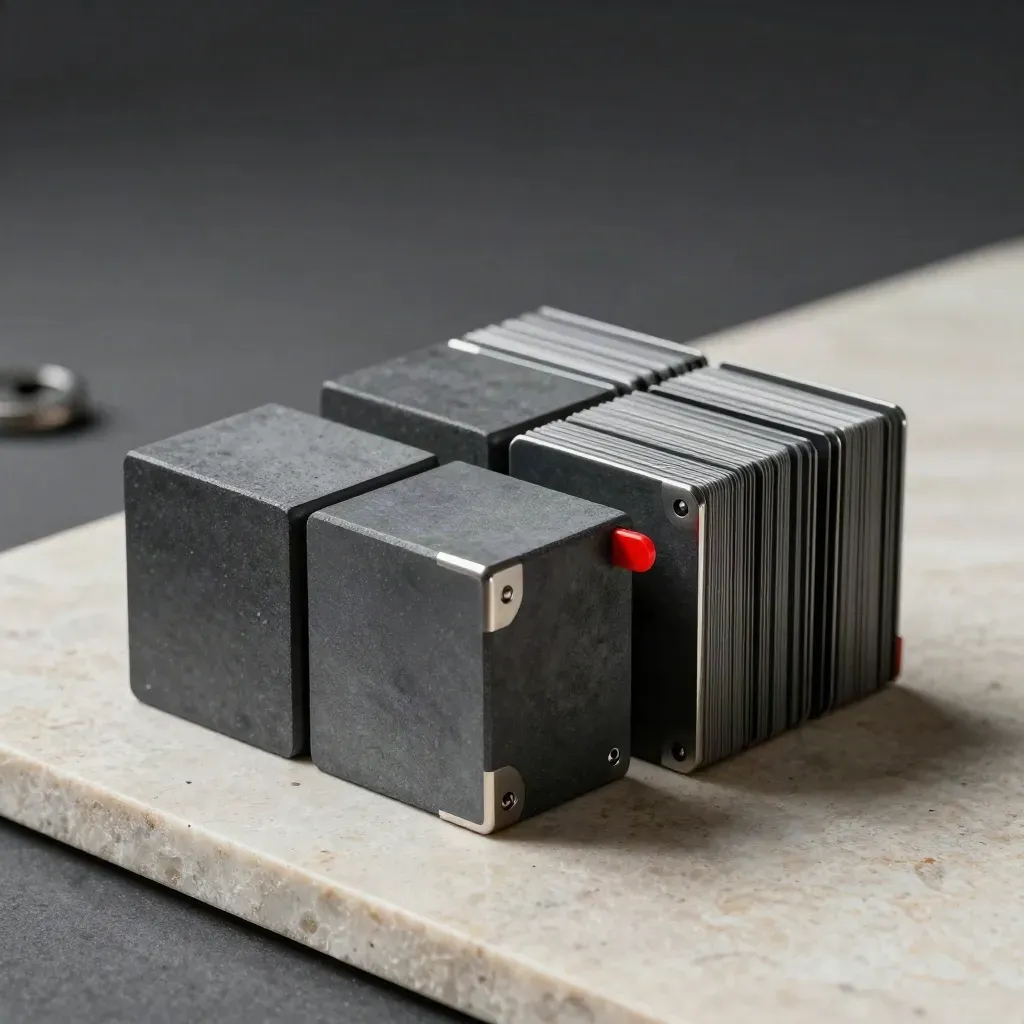 Graphite workflow blocks and metal brackets on pale stone with a tiny tomato-red accent.