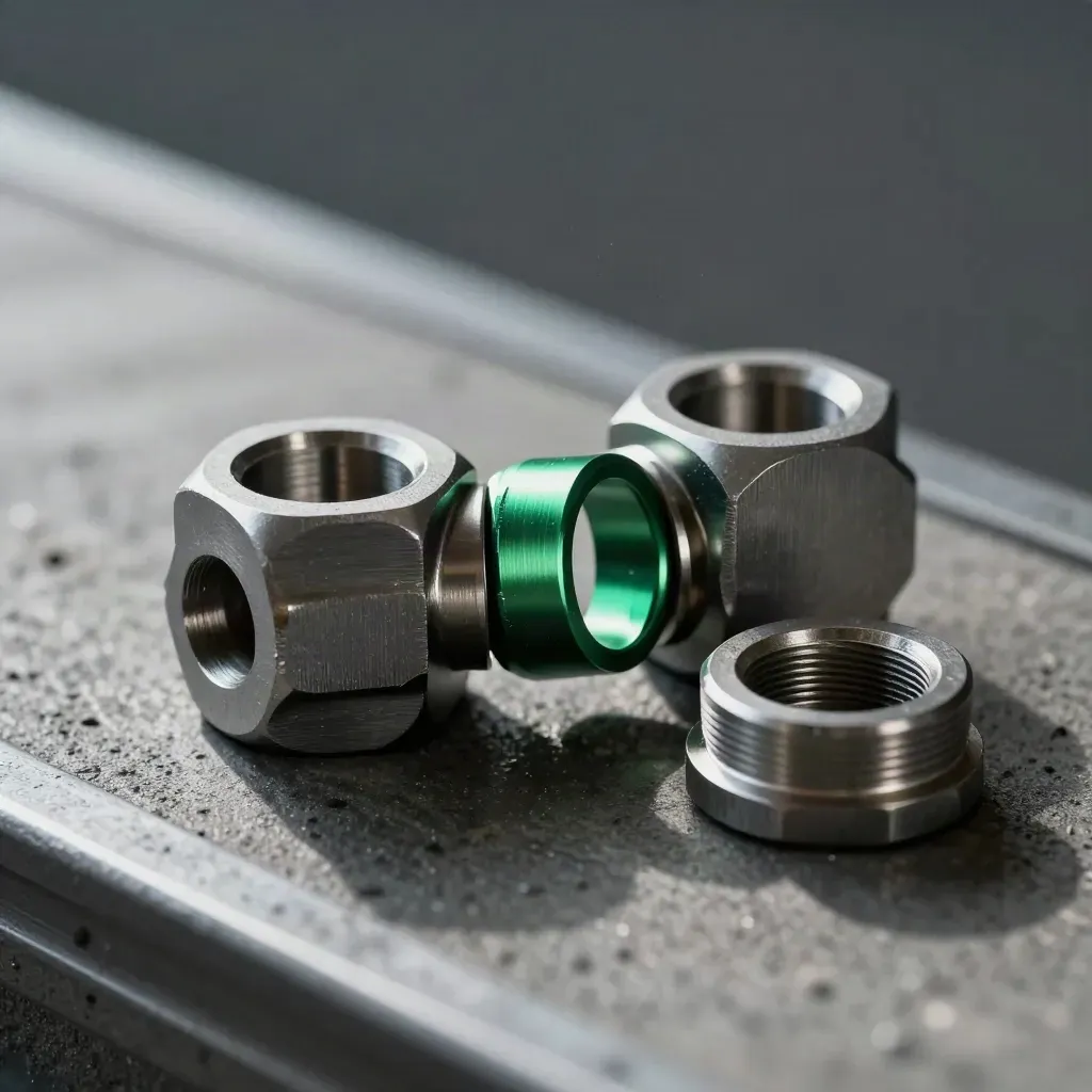 Brushed metal joinery parts and a right-angle track on dark concrete with a green accent.