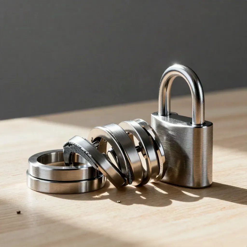 Brushed steel latch discs and link rings clicking together on pale wood